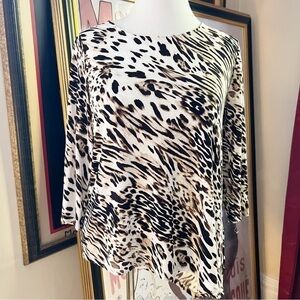 Chicos: Versatile Cream, Black, Brown Animal Print Asymmetric Blouse Size 1